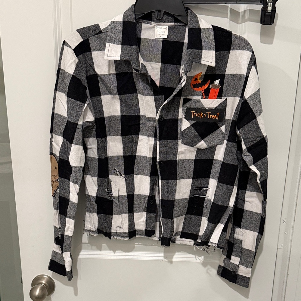 Black and White flannel Jacket with Halloween Patch